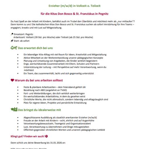 Stellenanzeige Erzieher/in